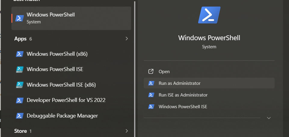 Mở powershell bằng admin